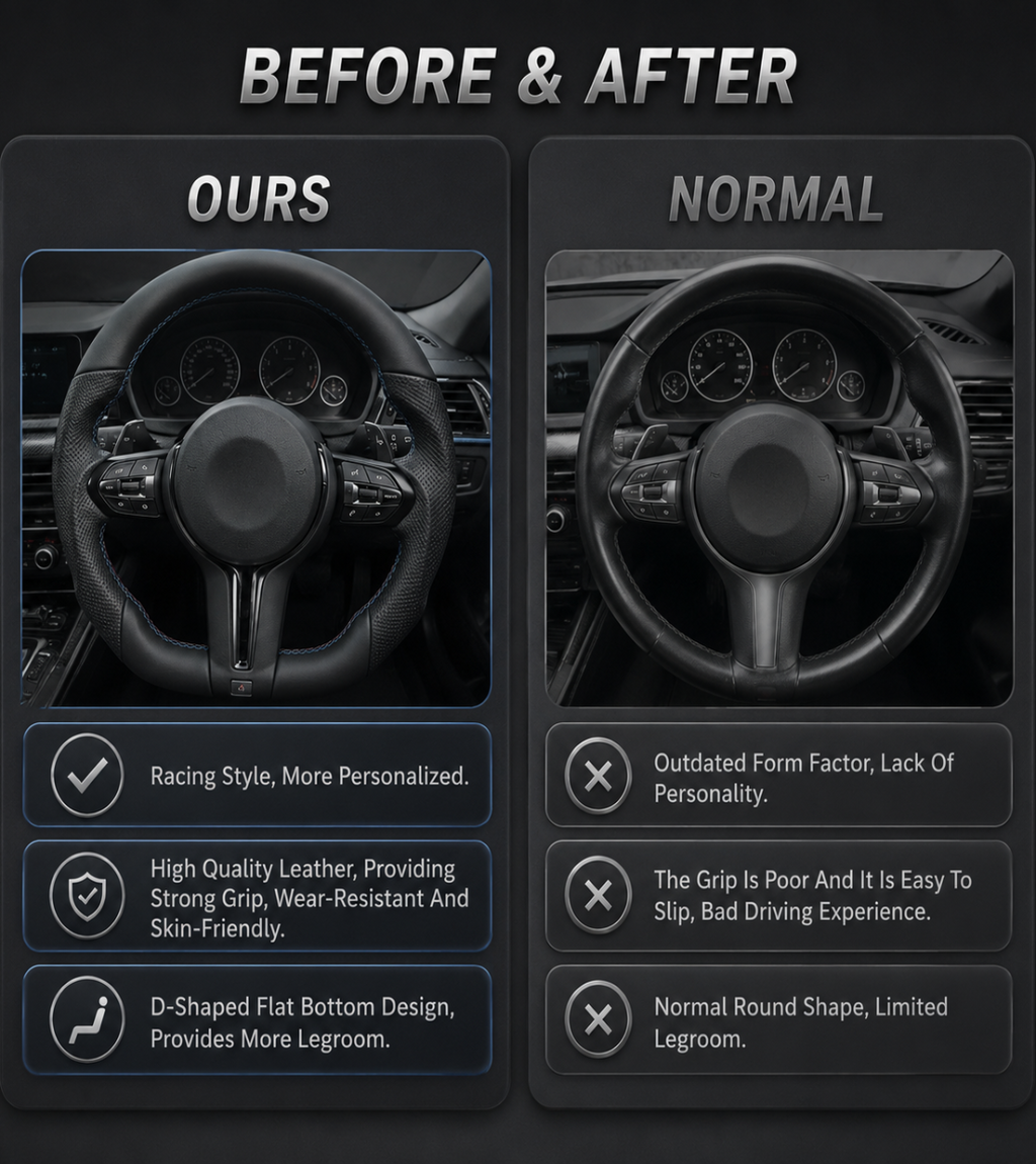Flat bottom steering wheel with M stitching compared with a standard round BMW steering wheel