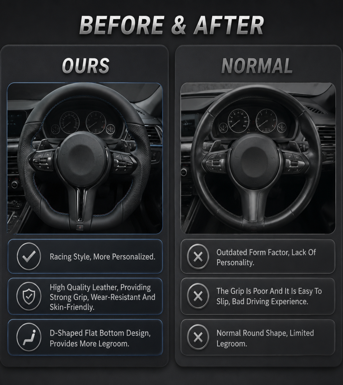 Flat bottom steering wheel with M stitching compared with a standard round BMW steering wheel