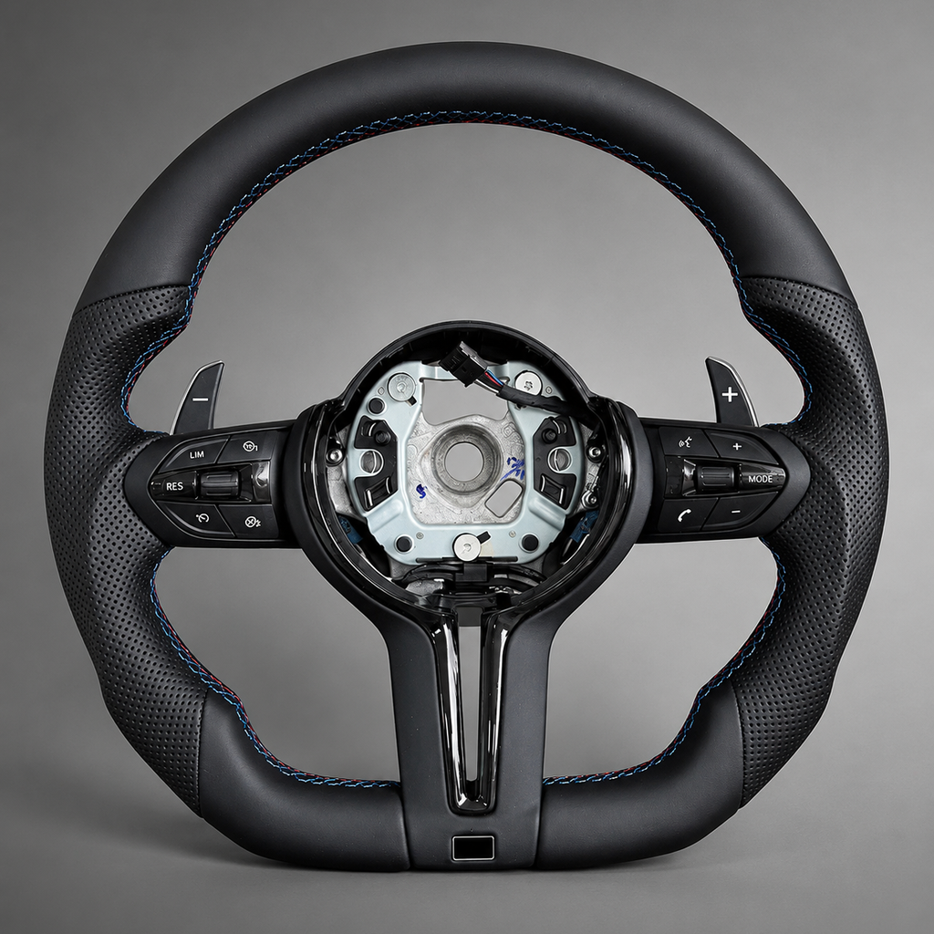BMW F Series flat bottom steering wheel in black leather with M Sport tri-colour stitching, front view