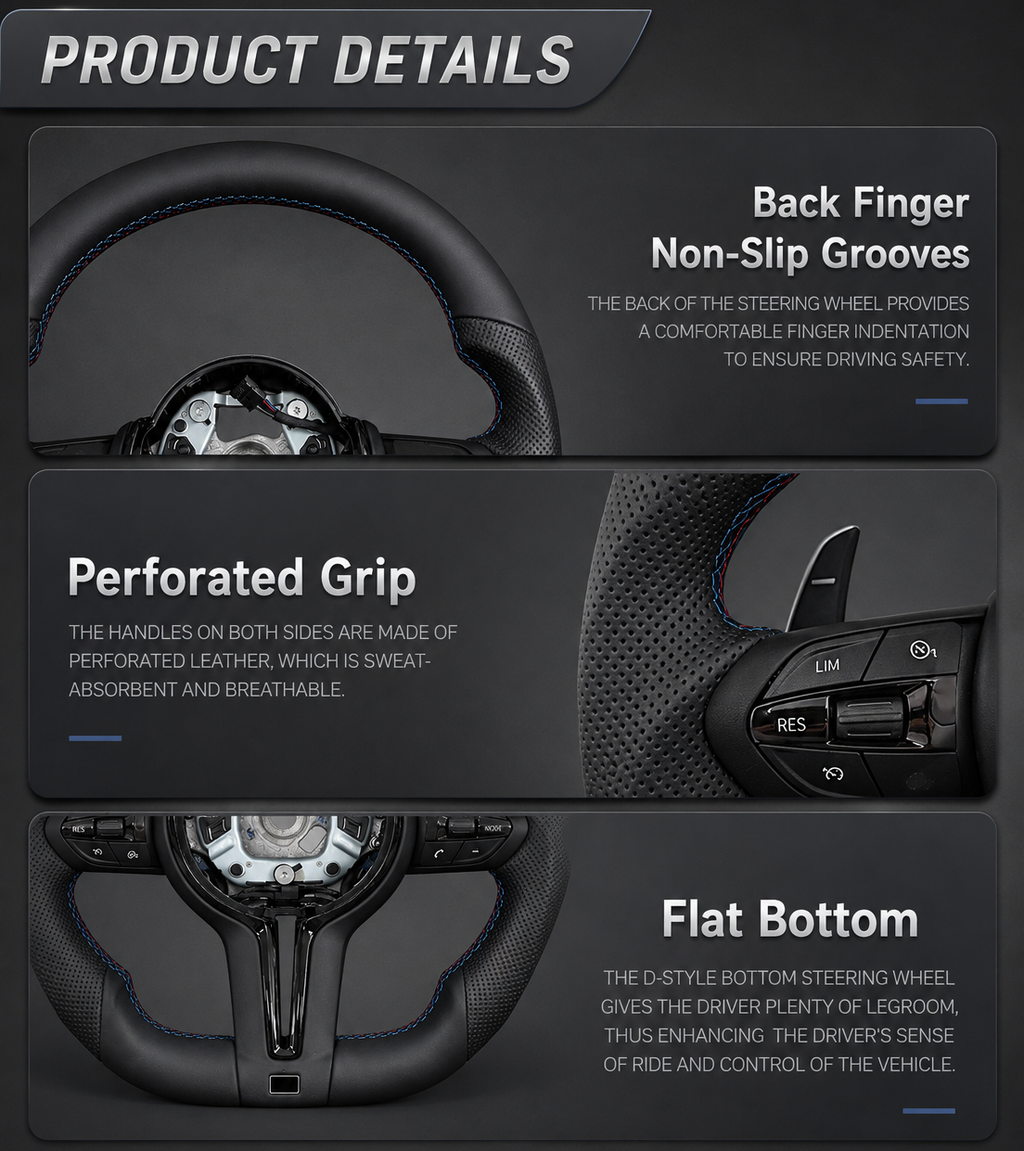 BMW F Series flat bottom steering wheel features: perforated grip, back finger grooves and D-shaped flat bottom