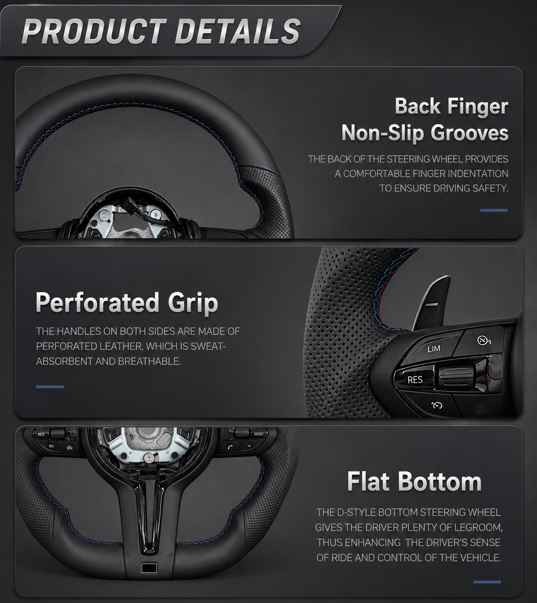 BMW F Series flat bottom steering wheel features: perforated grip, back finger grooves and D-shaped flat bottom